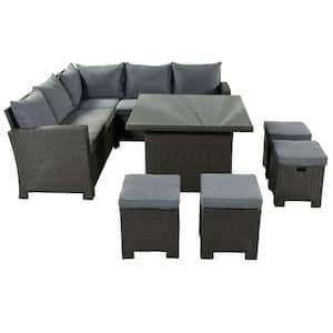 8-Piece Steel Frame Gray Fabric Wicker Patio Conversation Dining Set