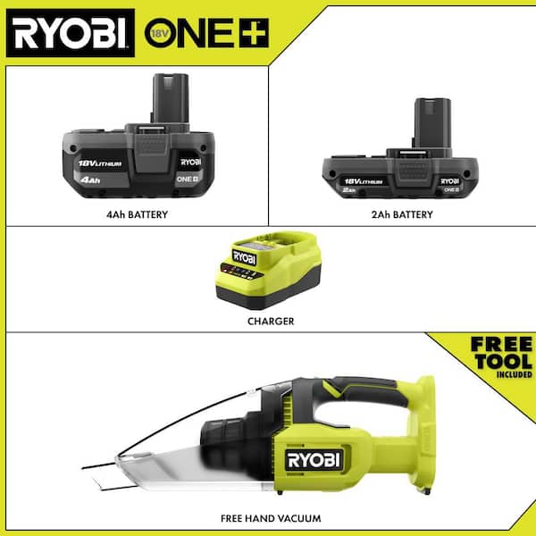 ONE+ 18V Lithium-Ion Kit with 2.0 Ah and 4.0 Ah Batteries, Charger, and ONE+ 18V Cordless Multi-Surface Hand Vacuum