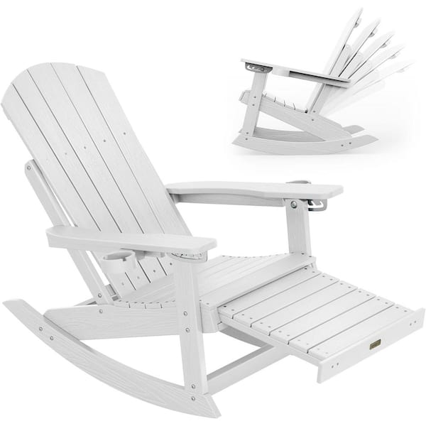 Mximu White Plastic Adirondack Outdoor Rocking Chair with Retractable Ottoman and Cup Holders
