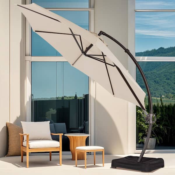 11 ft. L Outdoor Aluminum Curvy Cantilever Offset Hanging Patio Umbrella with Sandbag Base and Cover in Beige
