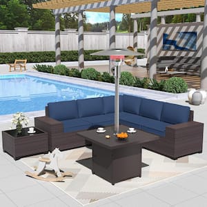 7-Piece Wicker Patio Conversation Set with 45000 BTU Patio Heater/Fire Pit Table, Glass Coffee Table and Navy Cushions