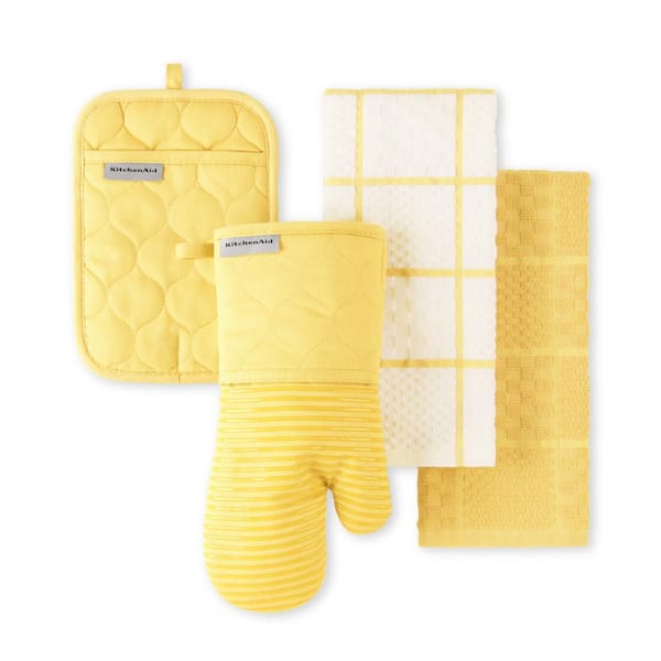 KITCHENAID Quilted Cotton Terry Cloth Butter Yellow Kitchen Towels, Oven Mitt, Potholder 4-Piece