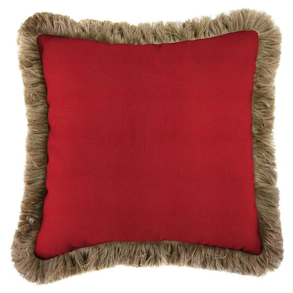 Jordan Manufacturing Sunbrella Spectrum Crimson Square Outdoor Throw Pillow with Heather Beige Fringe