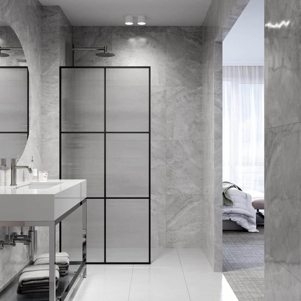 Ventana Matte Black 34" x 74" Framed Shower Screen with Fluted Glass