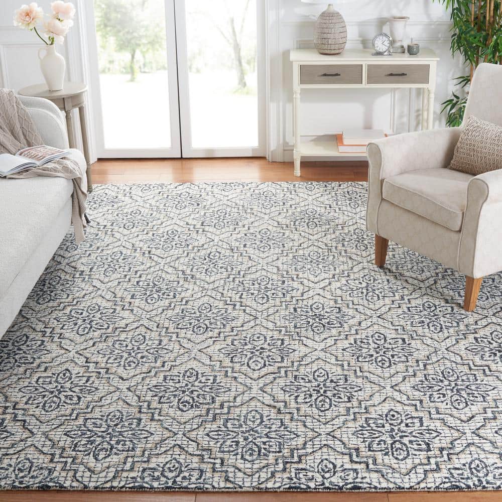 Hand-Tufted Ivory and Navy Wool 8' x 10' Abstract Rug