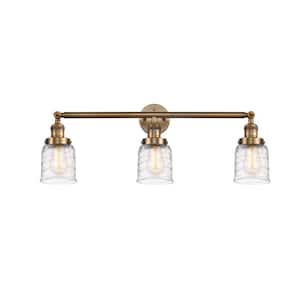 Bell 30 in. 3-Light Brushed Brass Vanity Light with Deco Swirl Glass Shade
