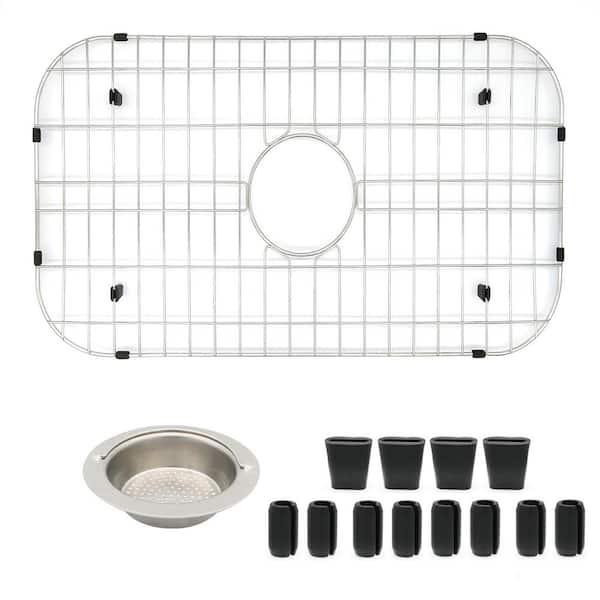 Numhew 26.12 in. L x 14.25 in. W Stainless Steel Kitchen Sink Bottom Grid with Center Drain, Sink Strainer and Rubber Feet