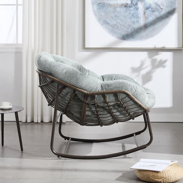 Rattan Metal Outdoor Rocking Chair with Light Green Padded Cushion Lounge Chair for Front Porch, Living Room, Patio