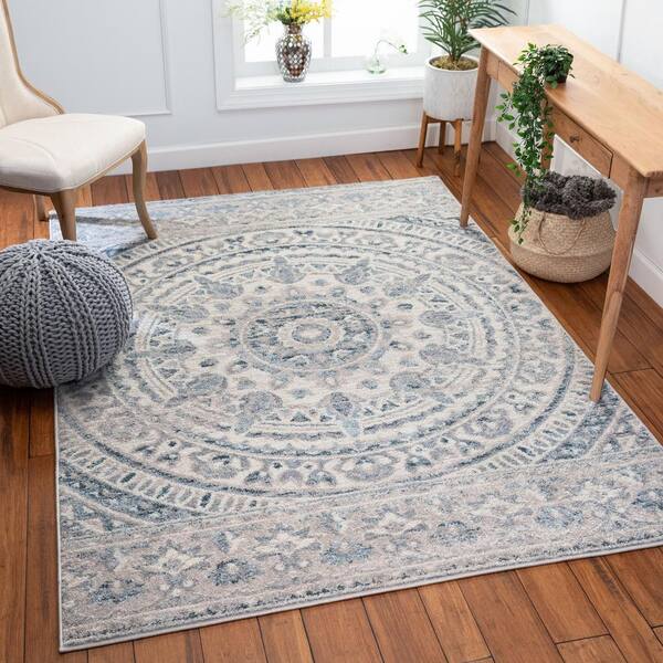 ALAZA Silver Mandala Floral Blossom Area Rug Rugs Non-Slip Floor Mat Doormats Living Dining Room Bedroom Dorm 60 x 39 inches inches Home Decor 