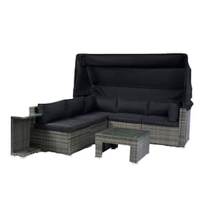 7-Piece Hot Gray Wicker Outdoor Patio Furniture Sectional Sofa Set with Black Washable Cushions and Retractable Canopy