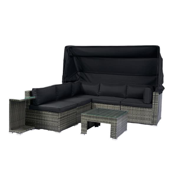 Unbranded 7-Piece Hot Gray Wicker Outdoor Patio Furniture Sectional Sofa Set with Black Washable Cushions and Retractable Canopy