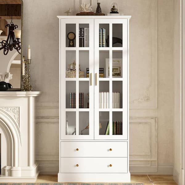 FUFU&GAGA White Wooden Storage Cabinet Cupboard with Tempered Glass Doors, 2-Drawers and Anti-dumping Device