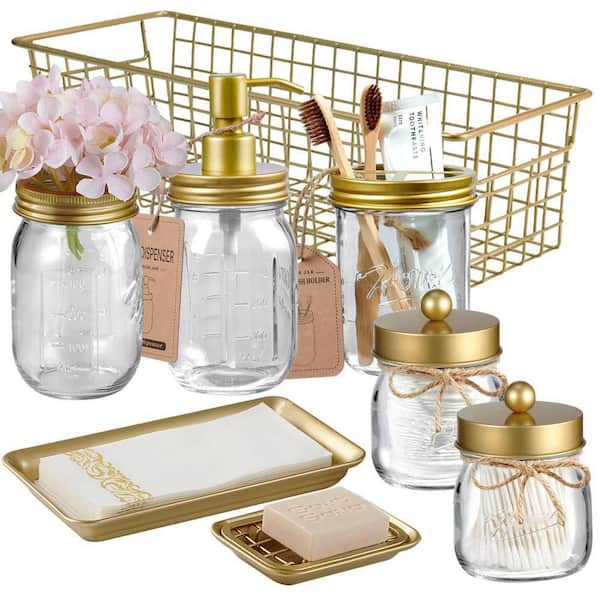 Bathroom Accessories Set, 4 Pcs Glass Bathroom Accessories Sets Complete  w/Lotion Soap Dispenser, Toothbrush Holder, Apothecary Jar, Vanity Tray