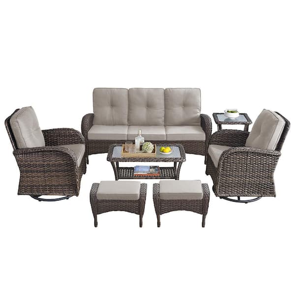 Brown 7-Piece Wicker Patio Conversation Set with Swivel Rockers, Outdoor Sofa Seating Set with Beige Cushions