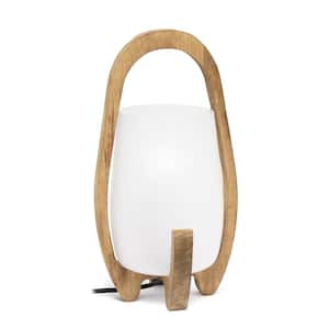 15 in. Natural Contemporary Wood Frame and Handle Table Desk Lamp with Lantern Style Frosted Glass Shade