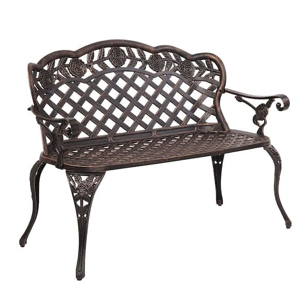 42.5" 2-3 Person Cast Aluminum Outdoor Bench, Bronze Antique Finish Wrought Iron Bench, Metal Rose Patio Bench for Porch