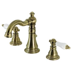 American Patriot 8 in. Widespread 2-Handle Bathroom Faucets with Pop-Up Drain in Antique Brass