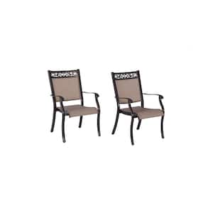 Rustproof Stackable Aluminum Sling Chairs Outdoor Dining Chair with Armrest in Brown for Garden, Backyard, Deck Set of 4