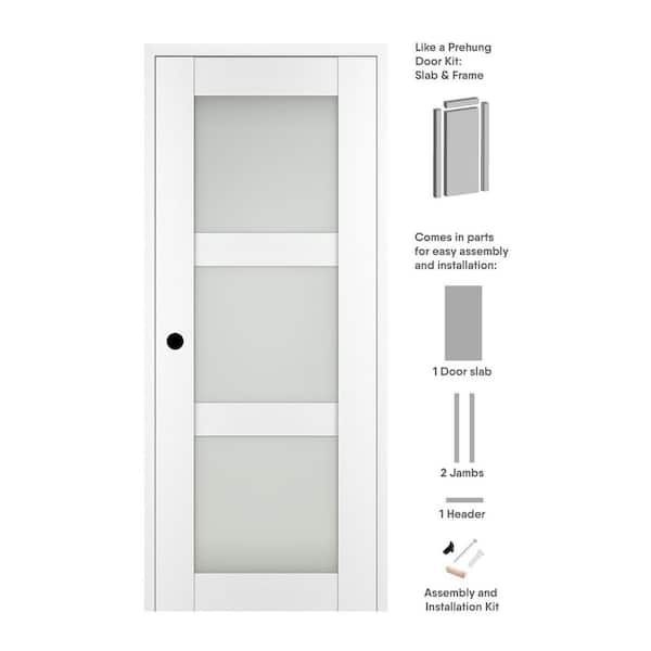 Paola 3-Lite 32 in. x 80 in. Right-hand Frosted Glass Bianco Noble Composite Solid Wood Single Prehung Interior Door