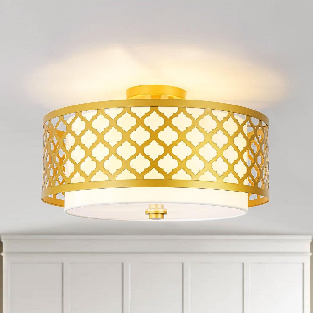 Carina 17.7 in. W 3-Light Modern Gold Cylinder Drum Fabric Semi-Flush Mount Light price history on PriceWatchPro