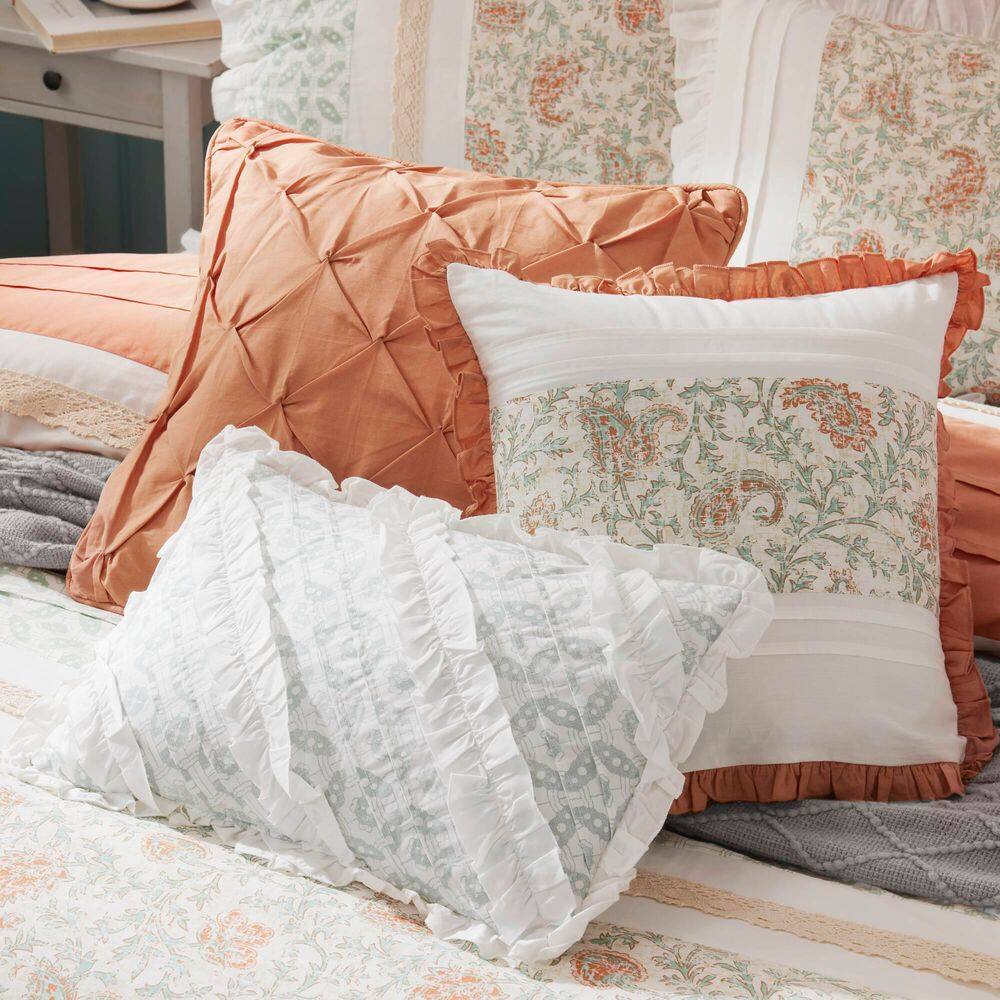 Coral and White Cotton Queen Comforter Set with Floral Print