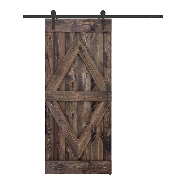 Dessliy Diamond Series 24 in. x 84 in. Fully Set Up Dark Brown Finished Pine Wood Sliding Barn Door with Hardware Kit