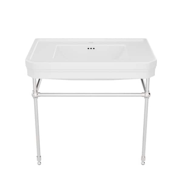 Valencia 31.8 in. L x 21 in.W Console Sink Basin in White Vitreous China Brushed Nickel Legs with Single Faucet Drilling