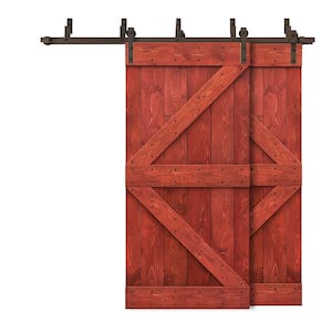 68 in. x 84 in. K-Bypass Cherry Red Stained DIY Solid Wood Interior Double Sliding Barn Door with Hardware Kit