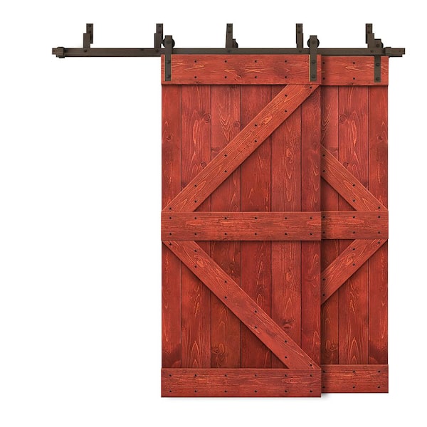 CALHOME 92 in. x 84 in. K Bypass Cherry Red Stained DIY Solid Wood Interior Double Sliding Barn Door with Hardware Kit