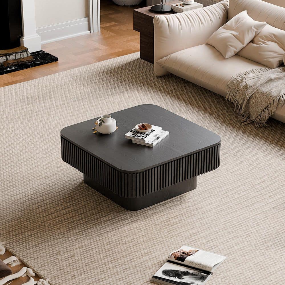 Ondine 31.5 in. Black Square MDF and Solid Wood Veneer Coffee Table with Storage, Wood Slat Design Accent Tea Table price history on PriceWatchPro