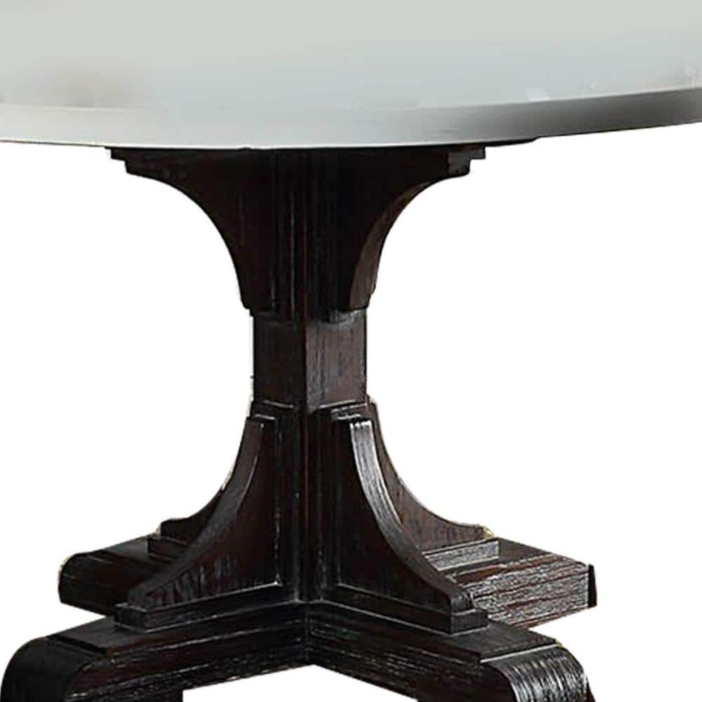 Round White Marble Top Dining Table with Dark Wood Pedestal Base