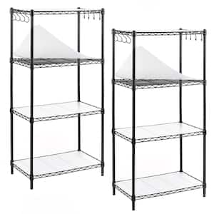 Black 4-Tier Carbon Steel Wire Garage Storage Shelving Unit with 8 Hooks (2-Pack) (23.6 in. W x 47 in. H x 14 in. D)