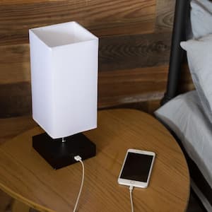 13.5 in. Black Rectangle Table Lamp with USB Port and Wood Base