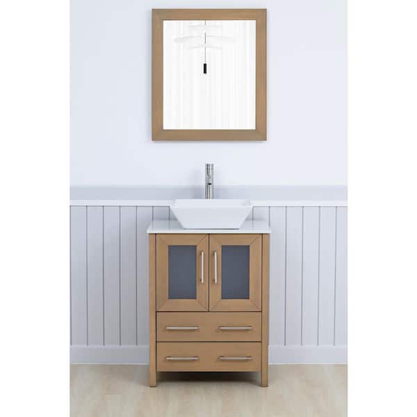 24 in. W Single Basin Natural Oak Bath Vanity with White Engineered Marble Top and Mirror