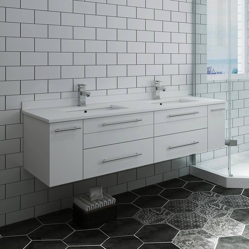Lucera 60" White Quartz Double Wall-Mount Vanity with Ceramic Sinks