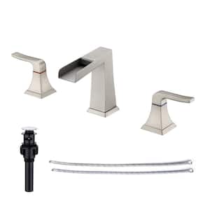 8 in. Widespread Double Handle Bathroom Faucet with Drain Assembly and Waterfall Spout in Brushed Nickel