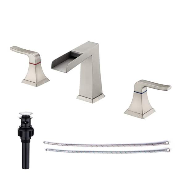 RAINLEX 8 in. Widespread Double Handle Bathroom Faucet with Drain Assembly and Waterfall Spout in Brushed Nickel