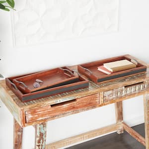 Brown Wood Decorative Tray with Black Metal Handles (Set of 3)