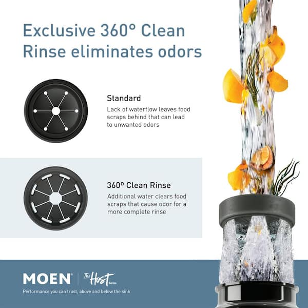 MOEN Host Series 3/4 HP Space Saving Continuous Feed Garbage Disposal with Sound Reduction and Universal Mount MOEN Host Series 3/4 HP Space Saving Continuous Feed Garbage Disposal with Sound Reduction and Universal Mount