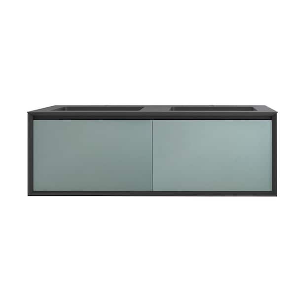 JimsMaison Elisa 60 in. W x 20.7 in. D x 18 in. H Wall-Mounted Bath Vanity in Green with Black Solid Surface Top and Double Sinks