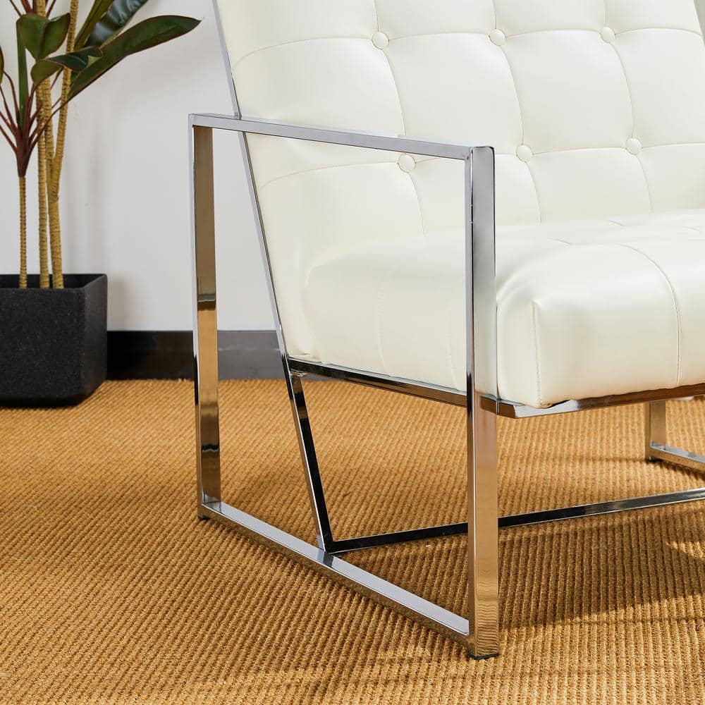 Mid-Century Chrome-Plated White Faux Leather Accent Chair
