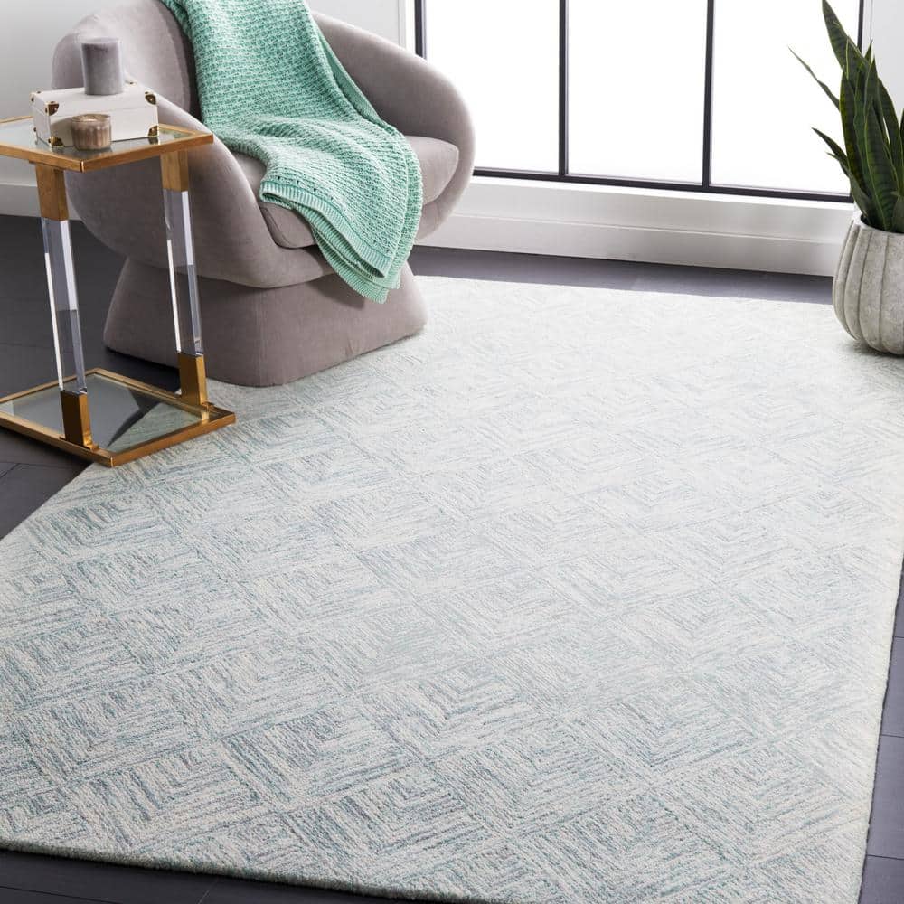 Grey and Turquoise Abstract Hand Tufted Wool Area Rug