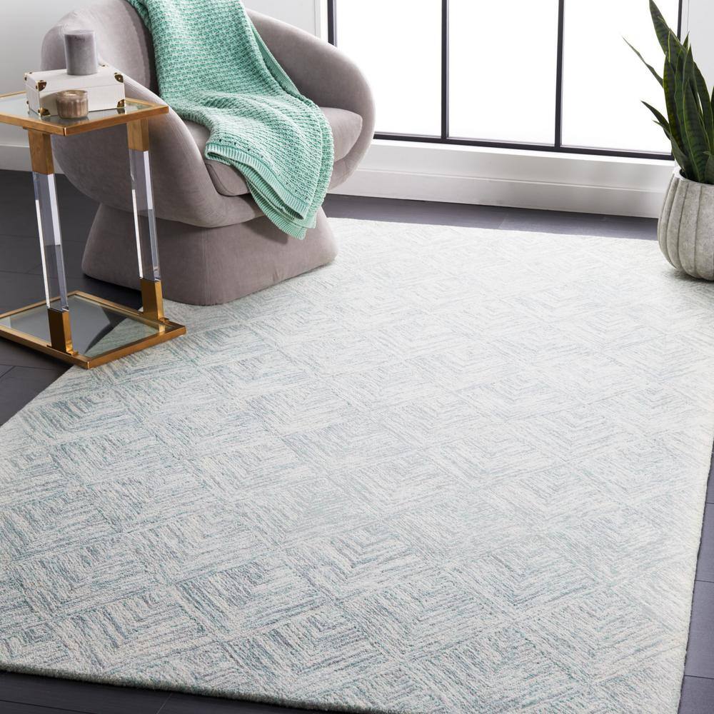 Grey and Turquoise Abstract Tufted Wool 4' x 6' Rug
