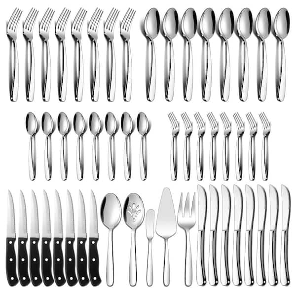 53-Piece Silver Heavy Duty Stainless Steel Flatware Set Serving Utensils and Steak Knives (Service 8)