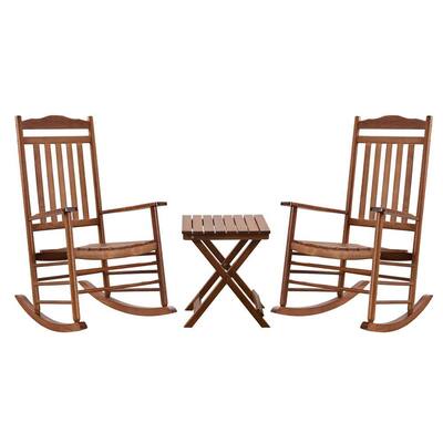 Brown Wood Outdoor Rocking Chair Set of 3,2 Outdoor Rockers and 1 Small Foldable Side Table Suitable for Bistro Porch