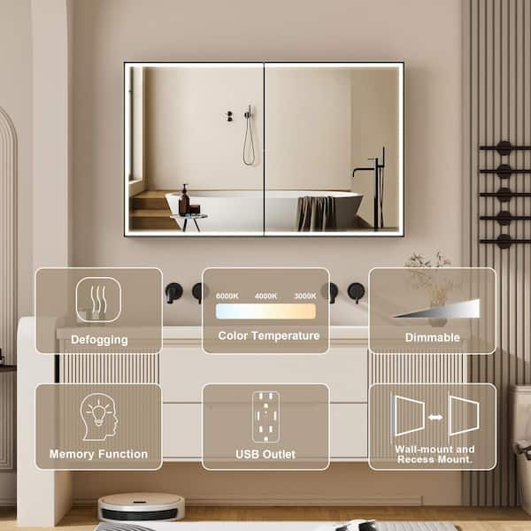 48 in. W x 30 in. H Rectangular Black Aluminum Recessed/Surface Mount LED Medicine Cabinet with Mirror,Outlet,Soft Close