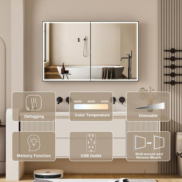 48 in. W x 30 in. H Rectangular Black Aluminum Recessed/Surface Mount LED Medicine Cabinet with Mirror,Outlet,Soft Close