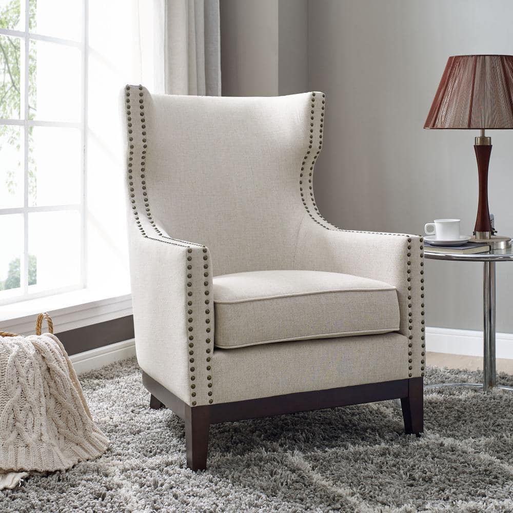 Beige Linen Wing-Back Accent Chair with Nailhead Trim