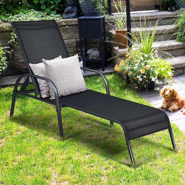 Black Steel Sling Patio Lounge Chairs Adjustable Outdoor Chaise Lounge (Set of 2)