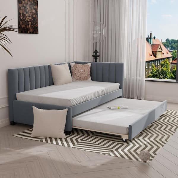 Gray Twin Size Upholstered Linen Fabric Daybed with Trundle